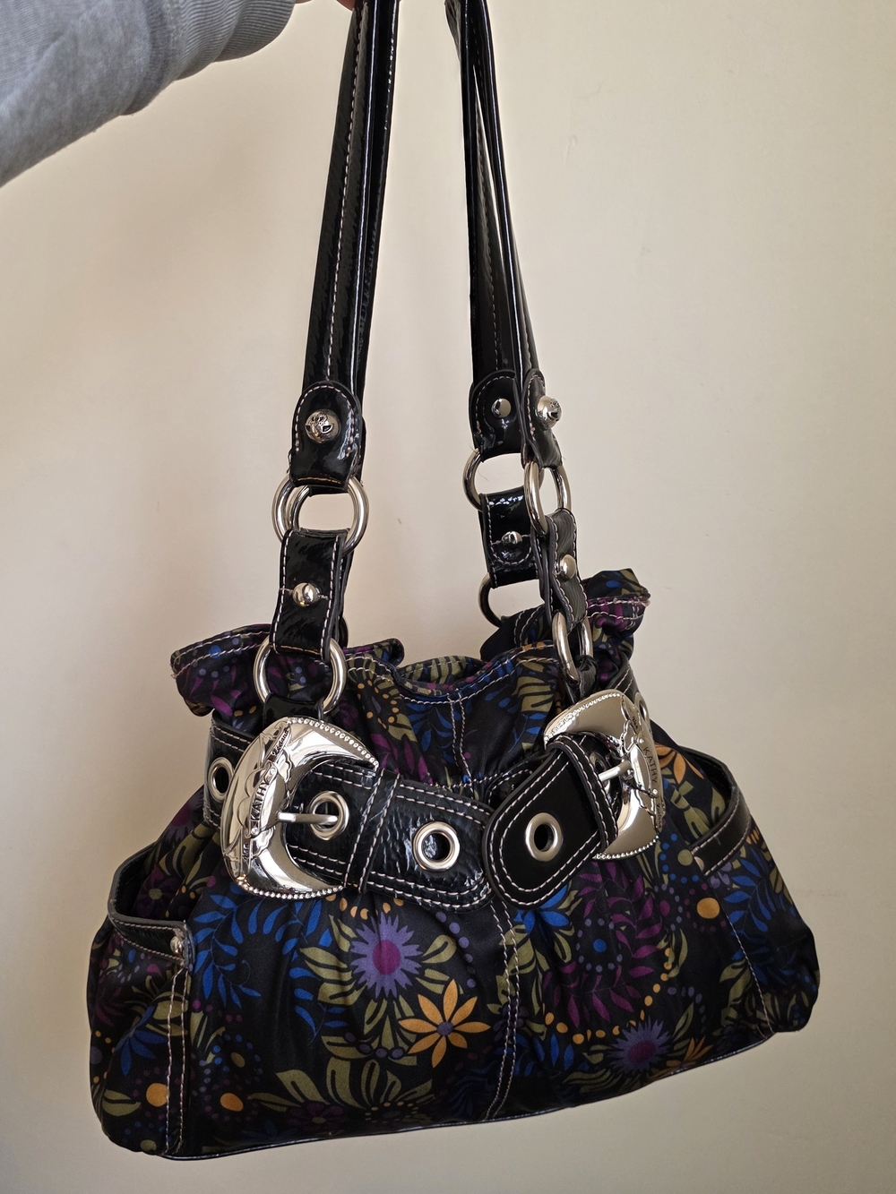 Kathy Van Zeeland Black Floral Shoulder Bag with Silver Hardware